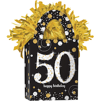 Sparkling Celebration "Happy Birthday 50" Gift Bag Shaped Balloon Weight Accessory, Black/Gold, 5.5-in, for Milestone Birthday Front_Angled_Right