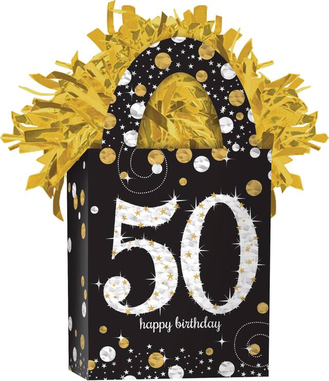Sparkling Celebration "Happy Birthday 50" Gift Bag Shaped Balloon Weight Accessory, Black/Gold, 5.5-in, for Milestone Birthday Front_Angled_Right
