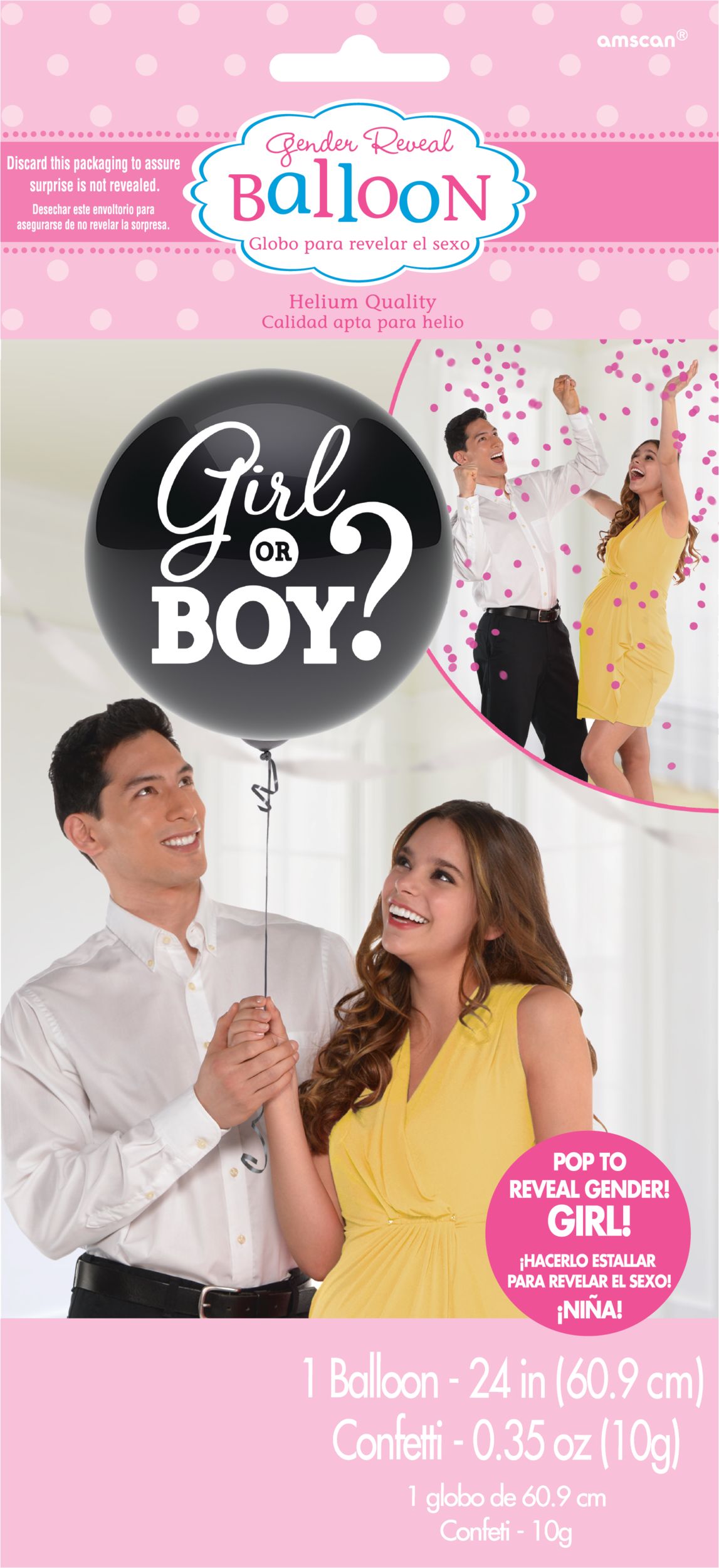 Girl or Boy? Ballon en latex rond avec confettis éclatants, noir/rose, 24 po, pour dévoilement du sexe Front_Flat