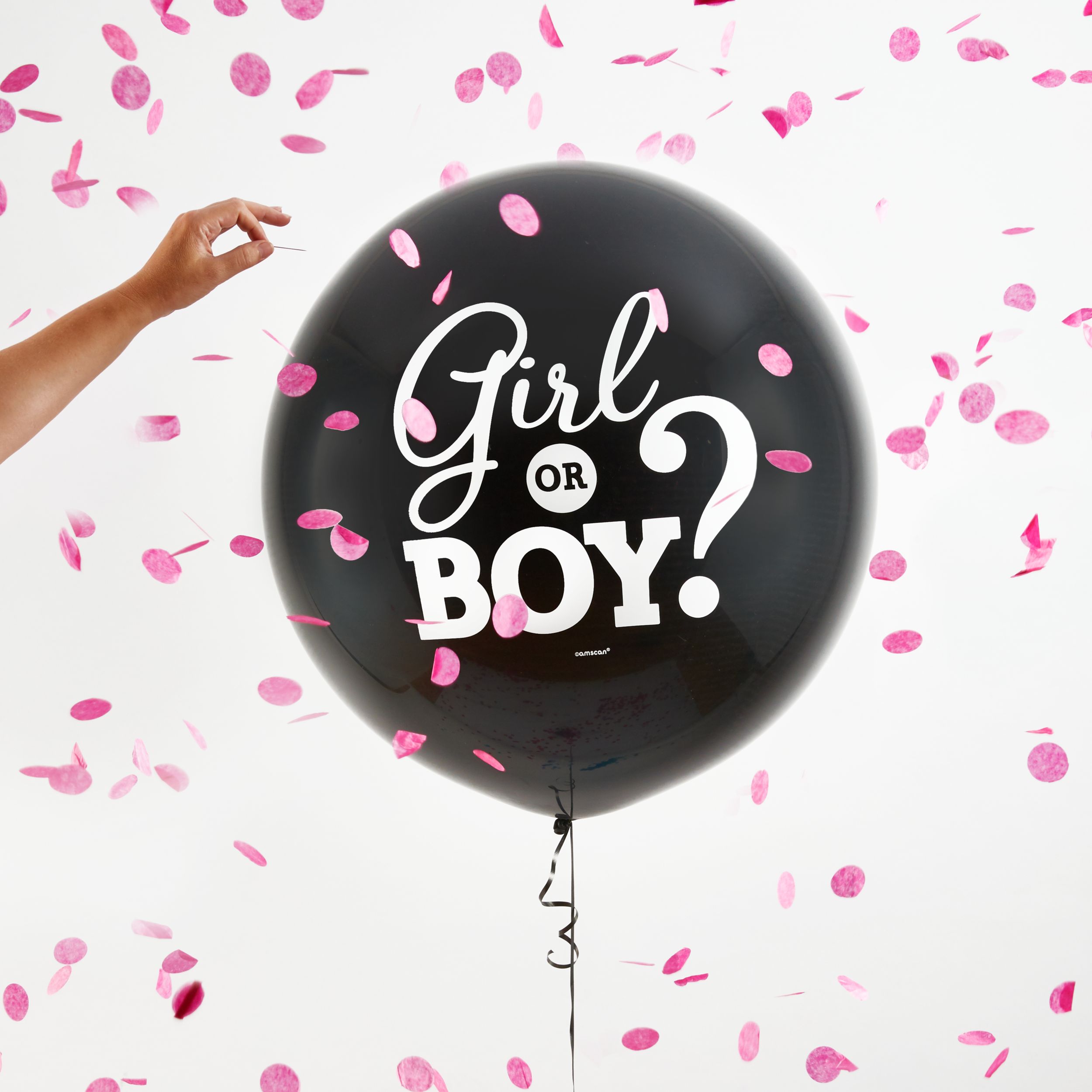 Girl or Boy? Ballon en latex rond avec confettis éclatants, noir/rose, 24 po, pour dévoilement du sexe Front_Flat