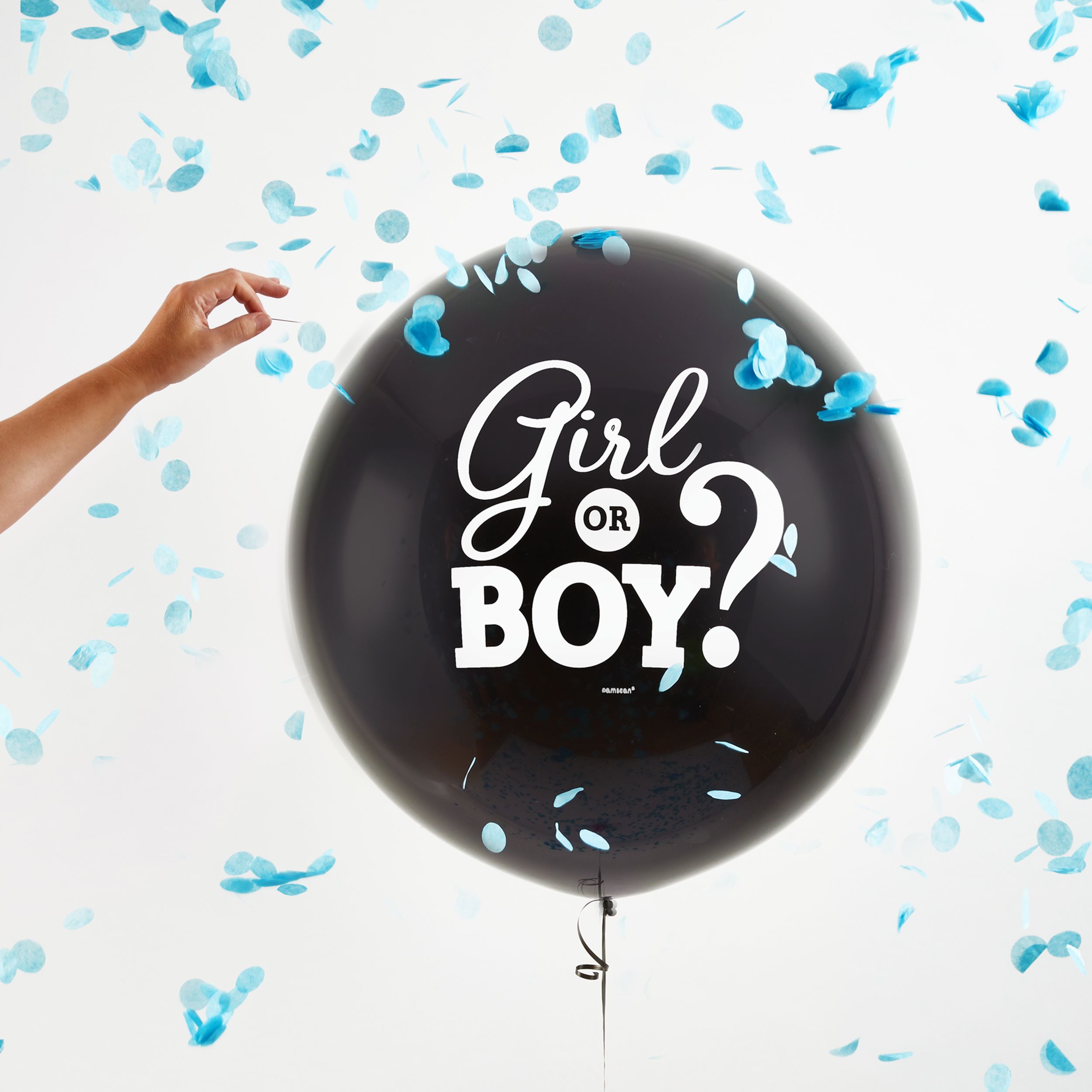 Girl or Boy? Ballon en latex rond avec confettis éclatants, noir/bleu, 24 po, pour dévoilement du sexe Front_Flat