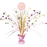 "It's a Girl" Metallic Tinsel Spray Burst Centerpiece Table Decoration, Gold/Pink, 18-in, for Baby Shower/Gender Reveal Front_Flat