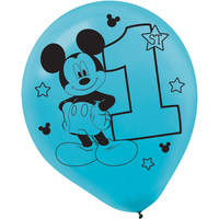 Ballons pour fête de 1er anniversaire en latex, Disney Mickey Mouse, bleu/rouge/jaune, paq. 15 Front_Flat