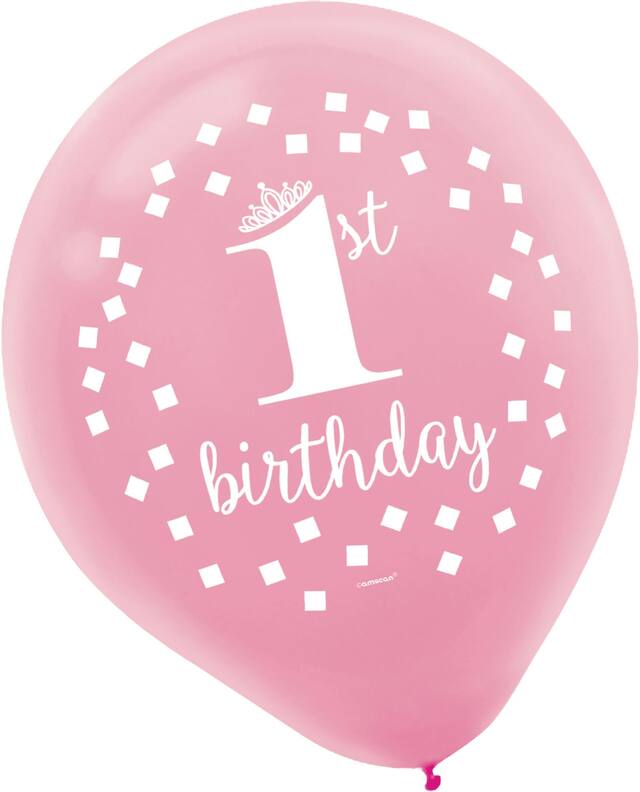 1st Birthday "1" Round Latex Balloons, Gold/Pink, 12-in, 15-pk, for Birthday Party Front_Flat