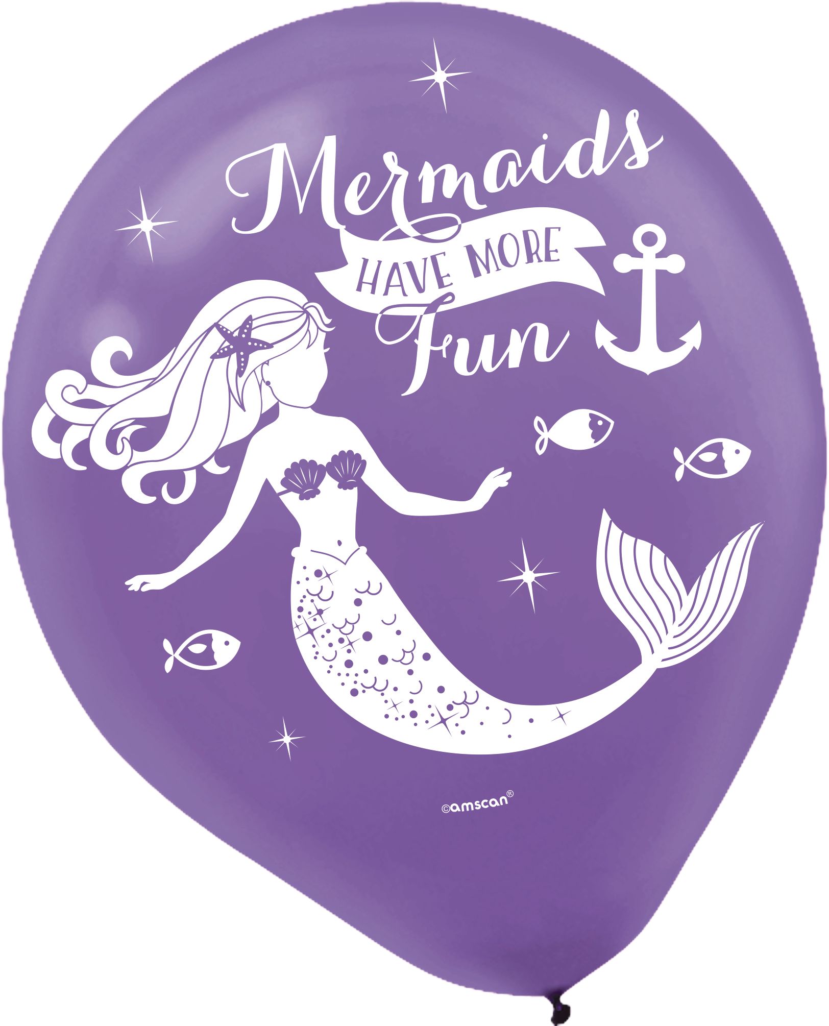 Wishful Mermaid "Mermaids Have More Fun" Round Latex Balloons, Purple/Blue/Gold, 12-in, 6-pk, for Birthday Party Front_Flat