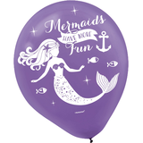 Ballons en latex ronds Sirène enchantée Mermaids Have More Fun, mauve/bleu/or, 12 po, paq. 6, pour fête d'anniversaire Front_Flat