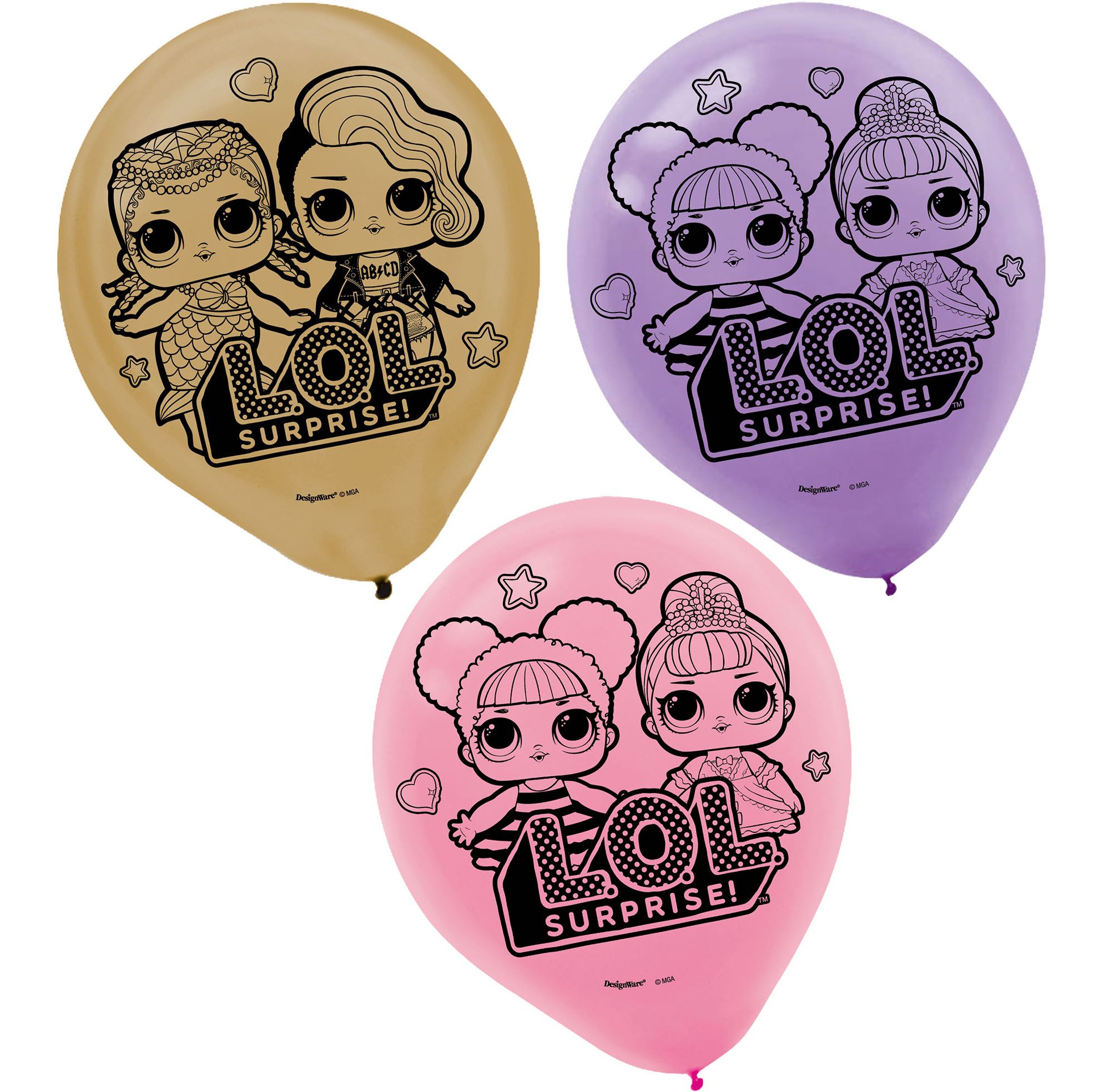 L.O.L. Surprise! Diva Round Latex Balloons, Gold/Purple/Pink, 12-in, 6-pk, for Birthday Party Front_Flat