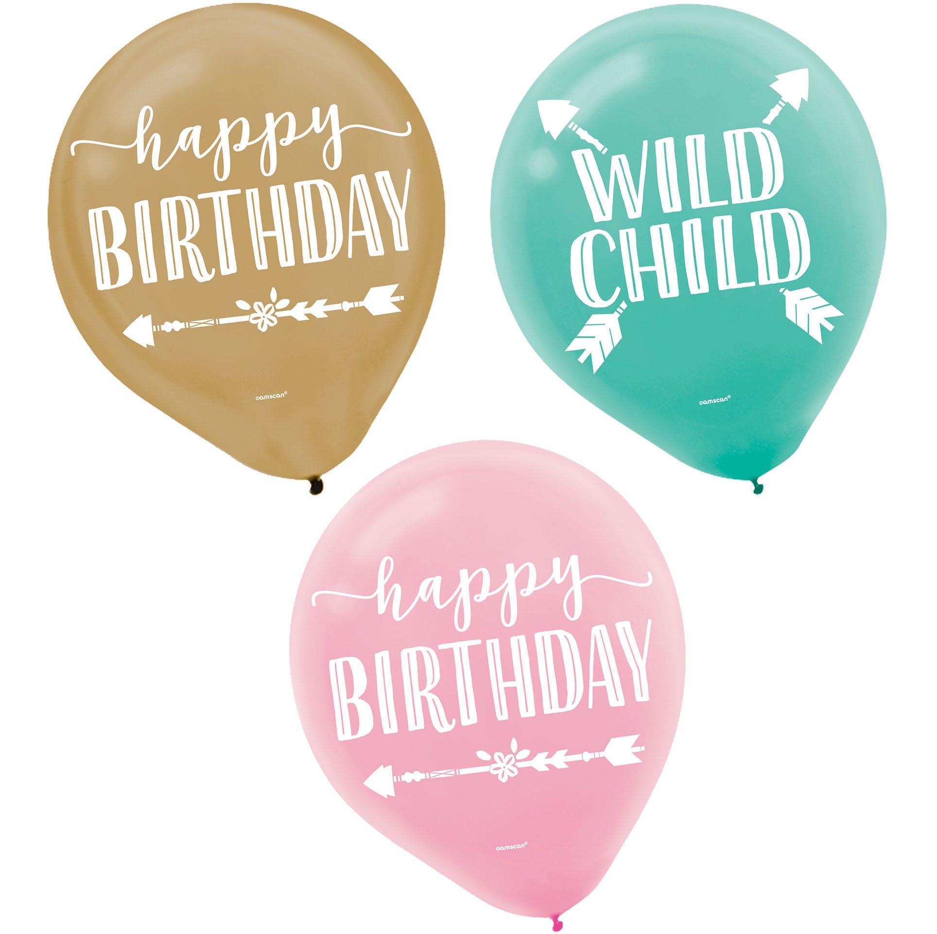 Boho Girl Happy Birthday Latex Balloons, Blue/Gold/Pink, 15-pk Front_Flat