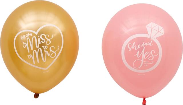 Mint To Be "From Miss to Mrs." Round Latex Balloons, Gold/Pink, Diamond Ring, 12-in, 15-pk, for Wedding/Bachelorette Front_Flat
