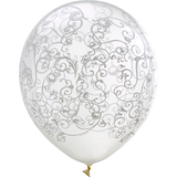 Round Transparent Latex Balloons, Silver, Filigree, 12-in, 6-pk, for Birthday Party Front_Flat