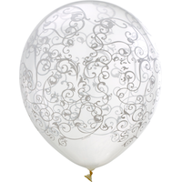 Round Transparent Latex Balloons, Silver, Filigree, 12-in, 6-pk, for Birthday Party Front_Flat