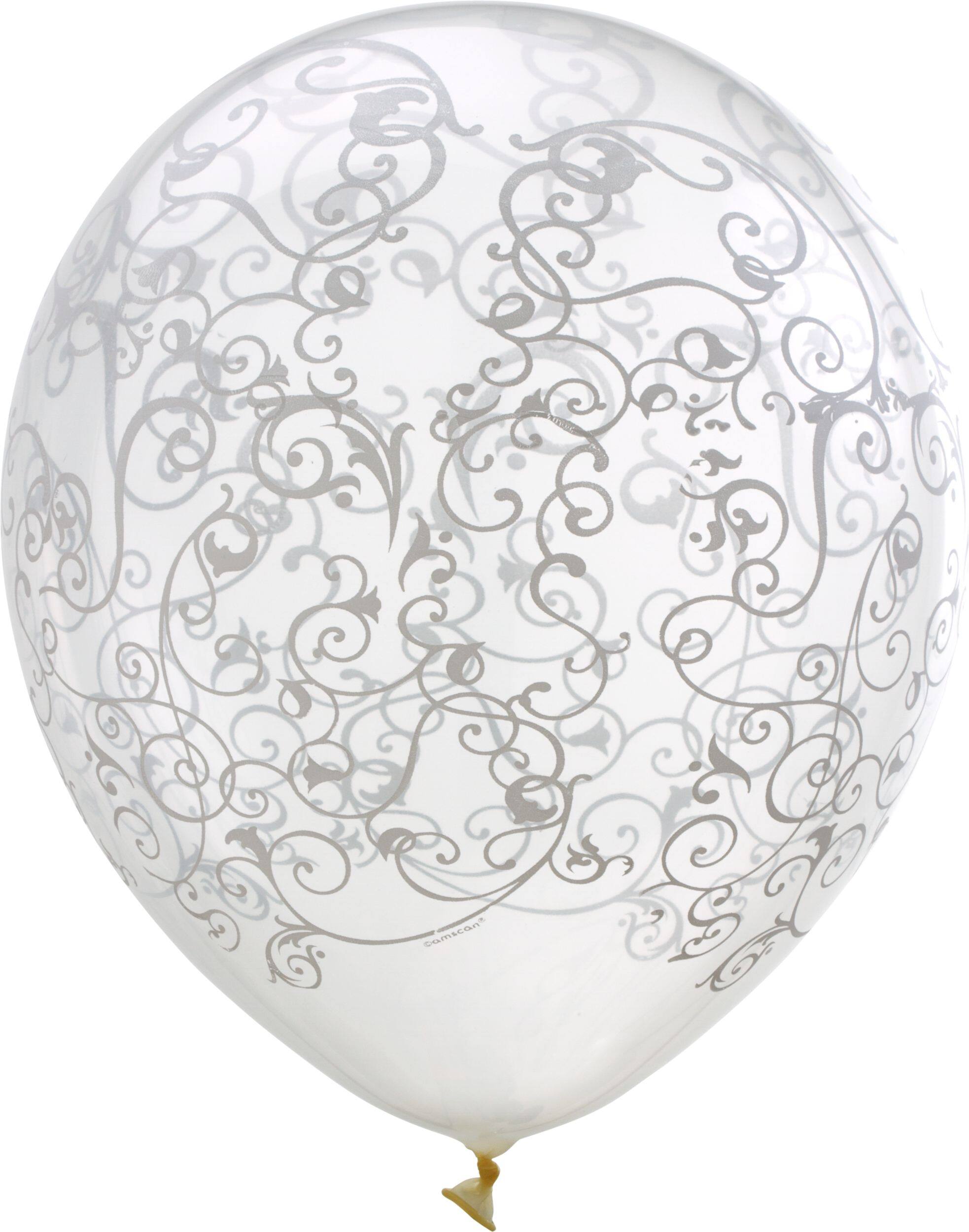 Round Transparent Latex Balloons, Silver, Filigree, 12-in, 6-pk, for Birthday Party Front_Flat
