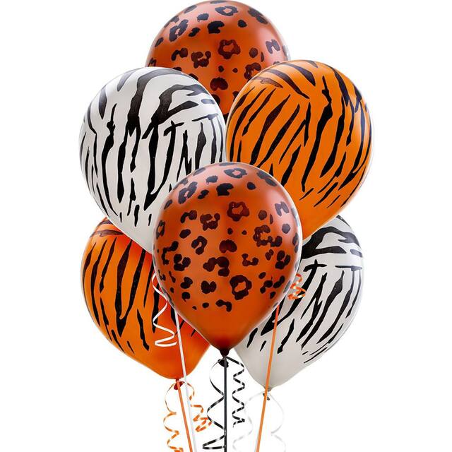 Zebra/Tiger/Cheetah Round Pearl Latex Balloons, Orange/Black/White, Animal Print, 12-in, 20-pk, for Birthday Party Front_Flat
