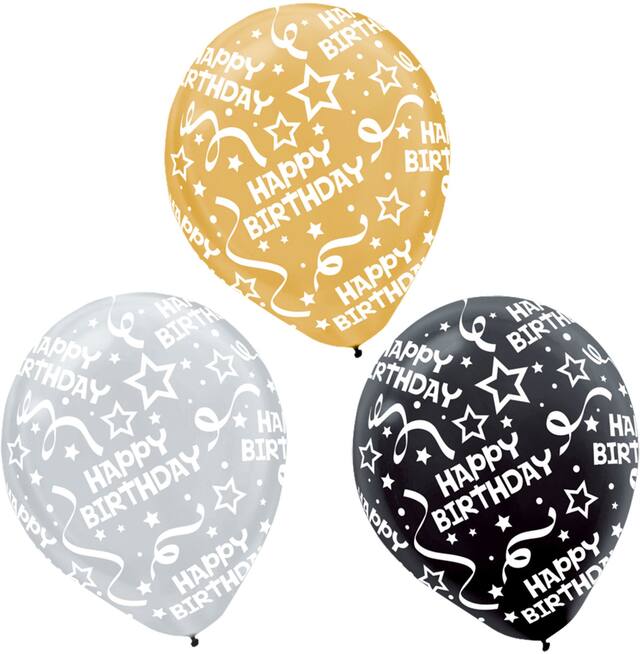 "Happy Birthday" Round Latex Balloons, Gold/Silver/Black, Confetti, 12-in, 20-pk, for Birthday Party Front_Flat