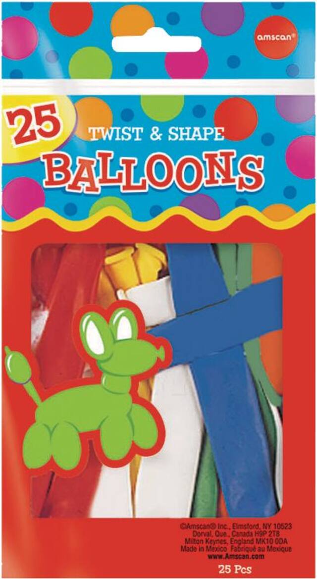 Latex Animal Twist & Shape Balloons, Multi-Coloured, 11-in, 25-pk, for Birthday Party Front_Flat