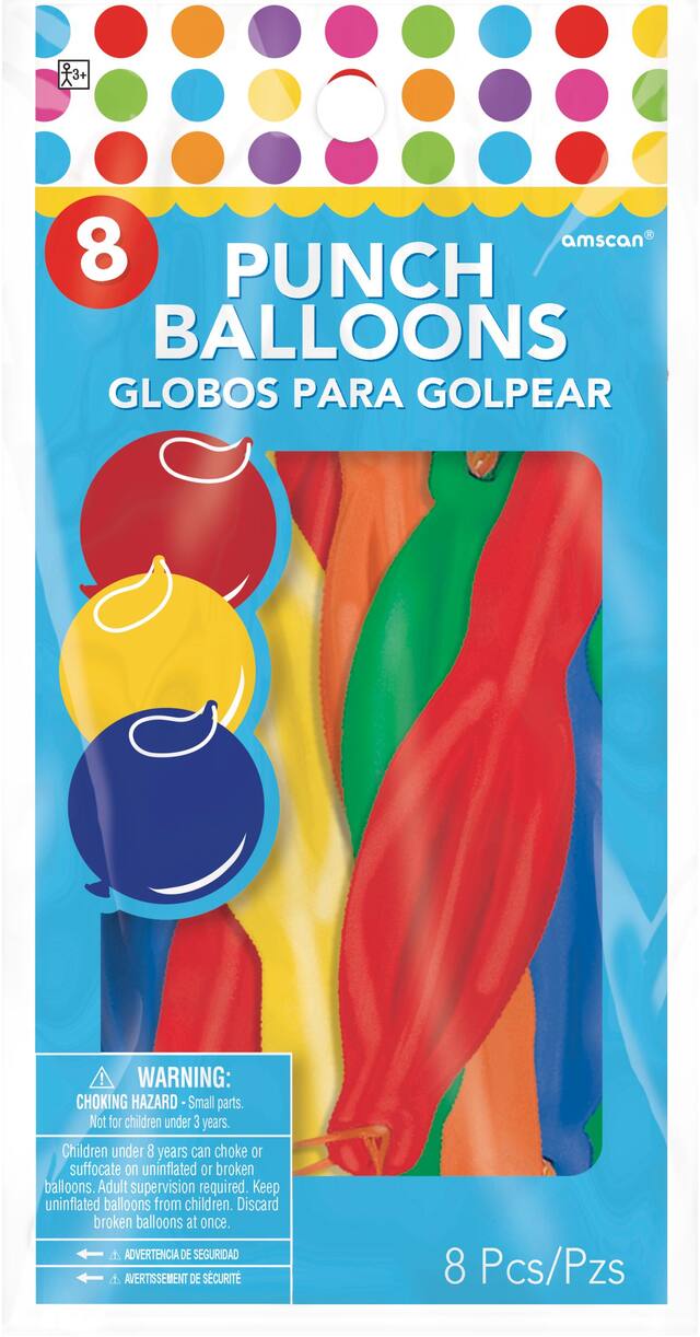 Round Punch Balloons, Red/Green/Yellow/Blue, 5-in, 8-pk, for Birthday Party Front_Flat