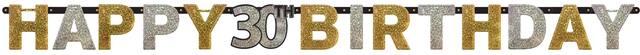 Sparkling Celebration "Happy 30th Birthday" Hanging Garland Banner Decoration, Black/Gold/Silver, Polka Dot, 7-ft, for Birthday Party Front_Flat