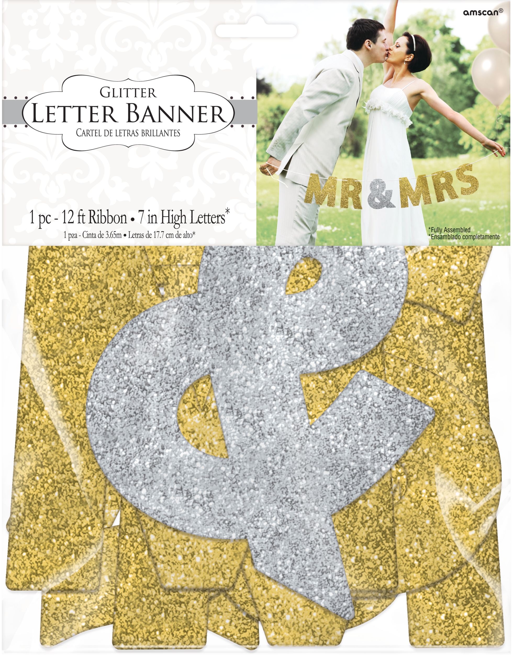 Mr. & Mrs. Letter Banner Wedding Decoration Kit, Glitter Gold/Silver Front_Flat