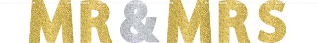 Mr. & Mrs. Letter Banner Wedding Decoration Kit, Glitter Gold/Silver Front_Flat