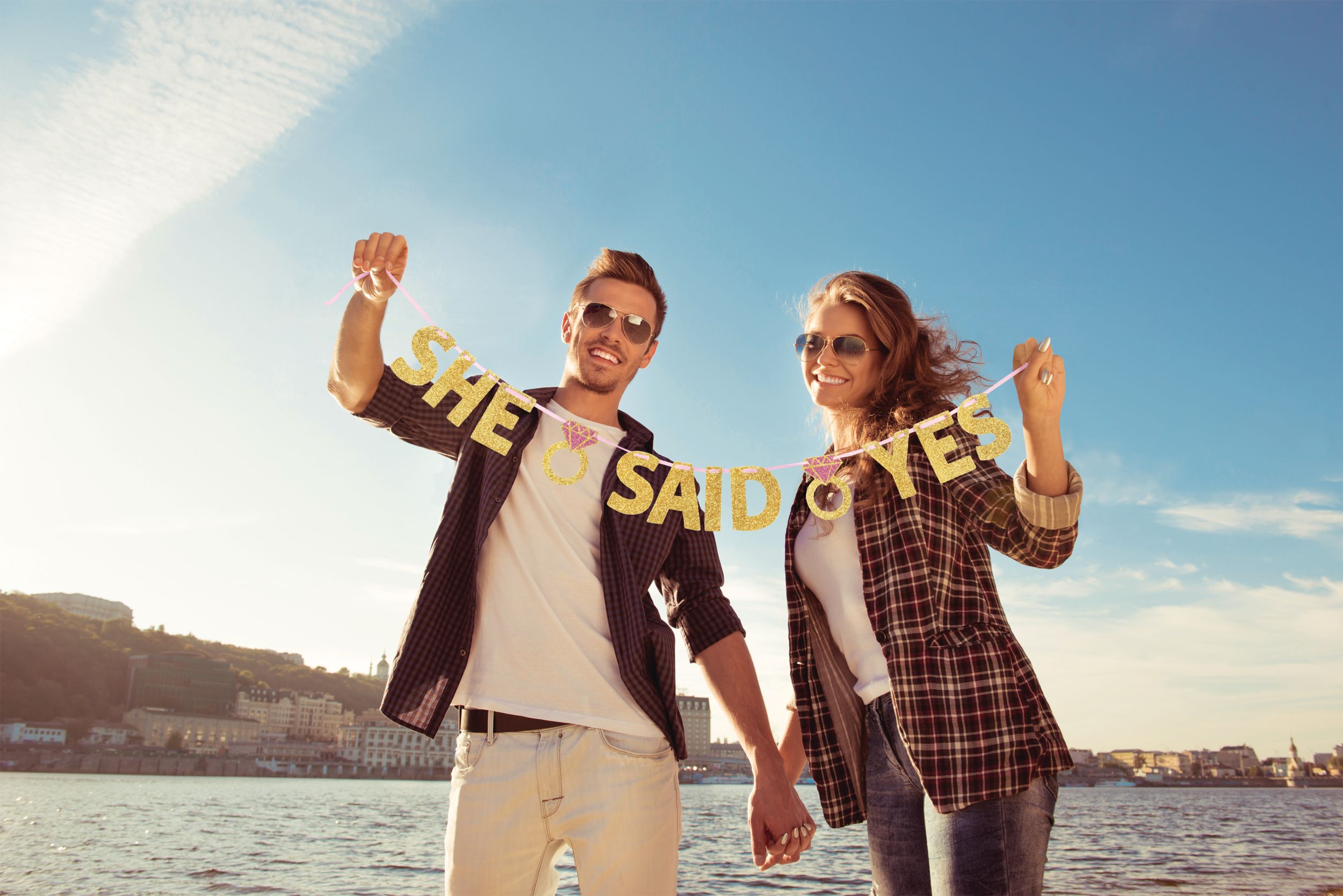 "She Said Yes" Hanging Garland Banner Decoration, Gold, 12-ft, for Wedding/Engagement Front_Flat