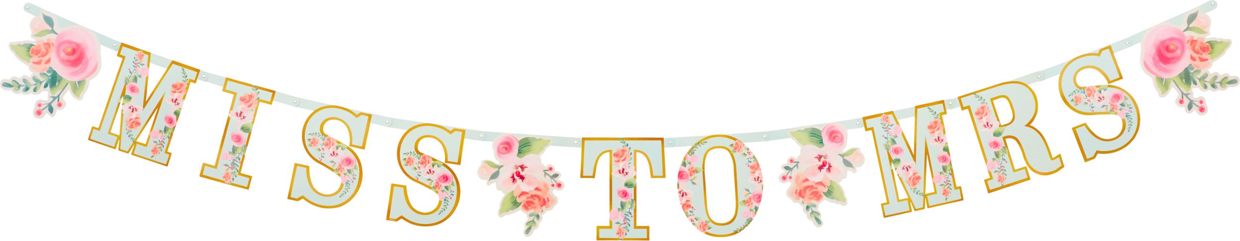 Mint to Be "Miss to Mrs She Said Yes" Hanging Garland Banner Decoration, Mint/Gold, Floral Greenery, 11-ft, 2-pk, for Wedding/Engagement/Bridal Shower Front_Flat