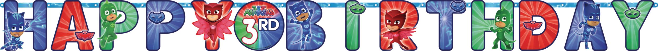 PJ Masks "Happy Birthday" Catboy/Owlette/Gekko DIY Customizable Hanging Garland Banner Decoration, Red/Blue, 10-ft,  for Birthday Party Front_Flat