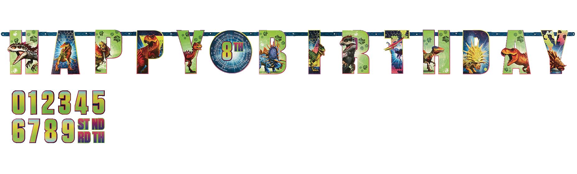 Jurassic World "Happy Birthday" Dinosaur DIY Customizable Hanging Garland Banner Decoration, Green/Blue, 10-ft, for Birthday Party Front_Flat