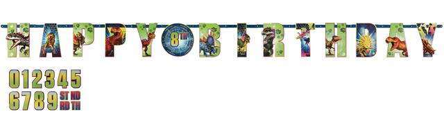 Jurassic World "Happy Birthday" Dinosaur DIY Customizable Hanging Garland Banner Decoration, Green/Blue, 10-ft, for Birthday Party Front_Flat