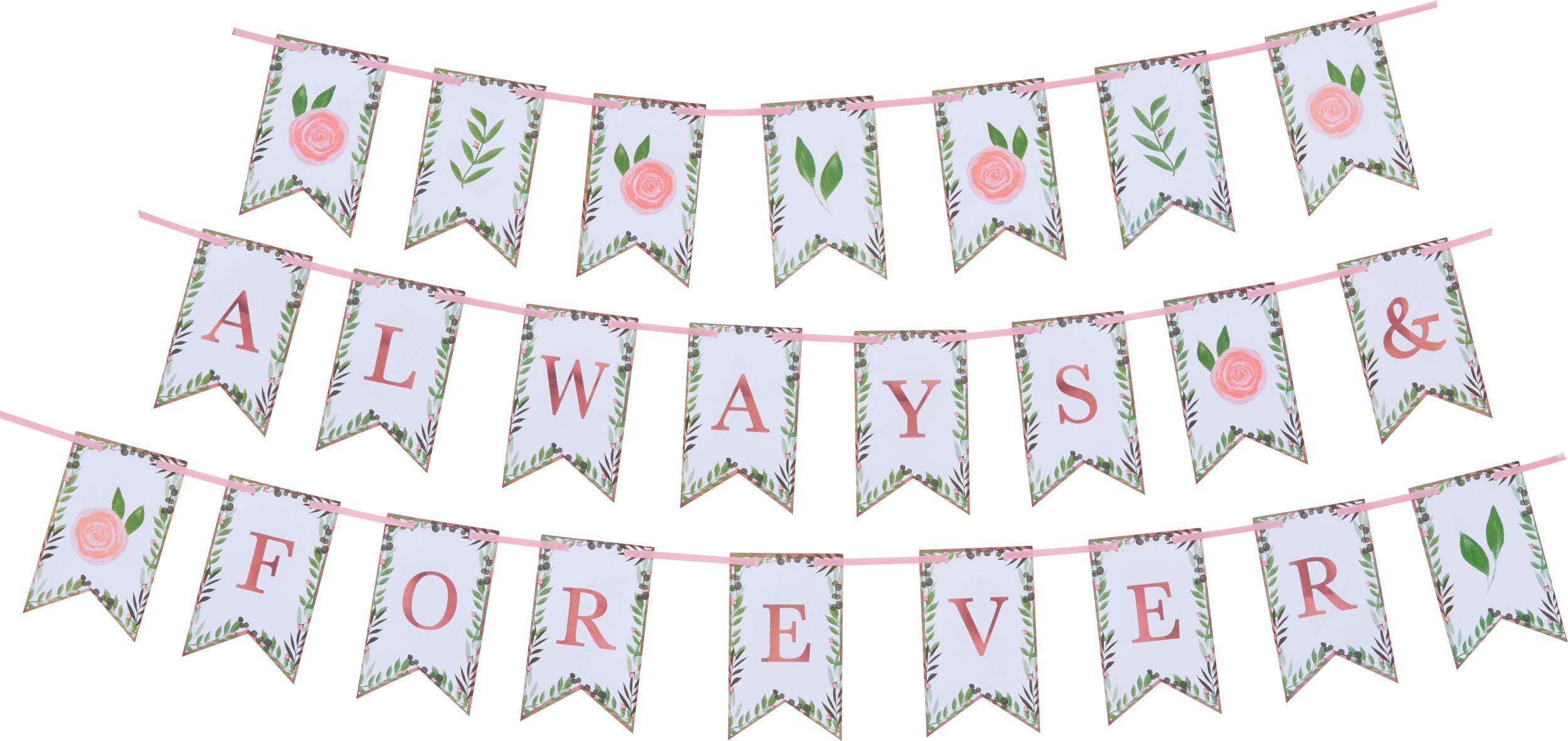 Mint to Be "Always & Forever" Pennant Hanging Garland Banner Decoration, Blue/Pink, Floral Greenery, 15-ft, for Wedding/Engagement Front_Flat