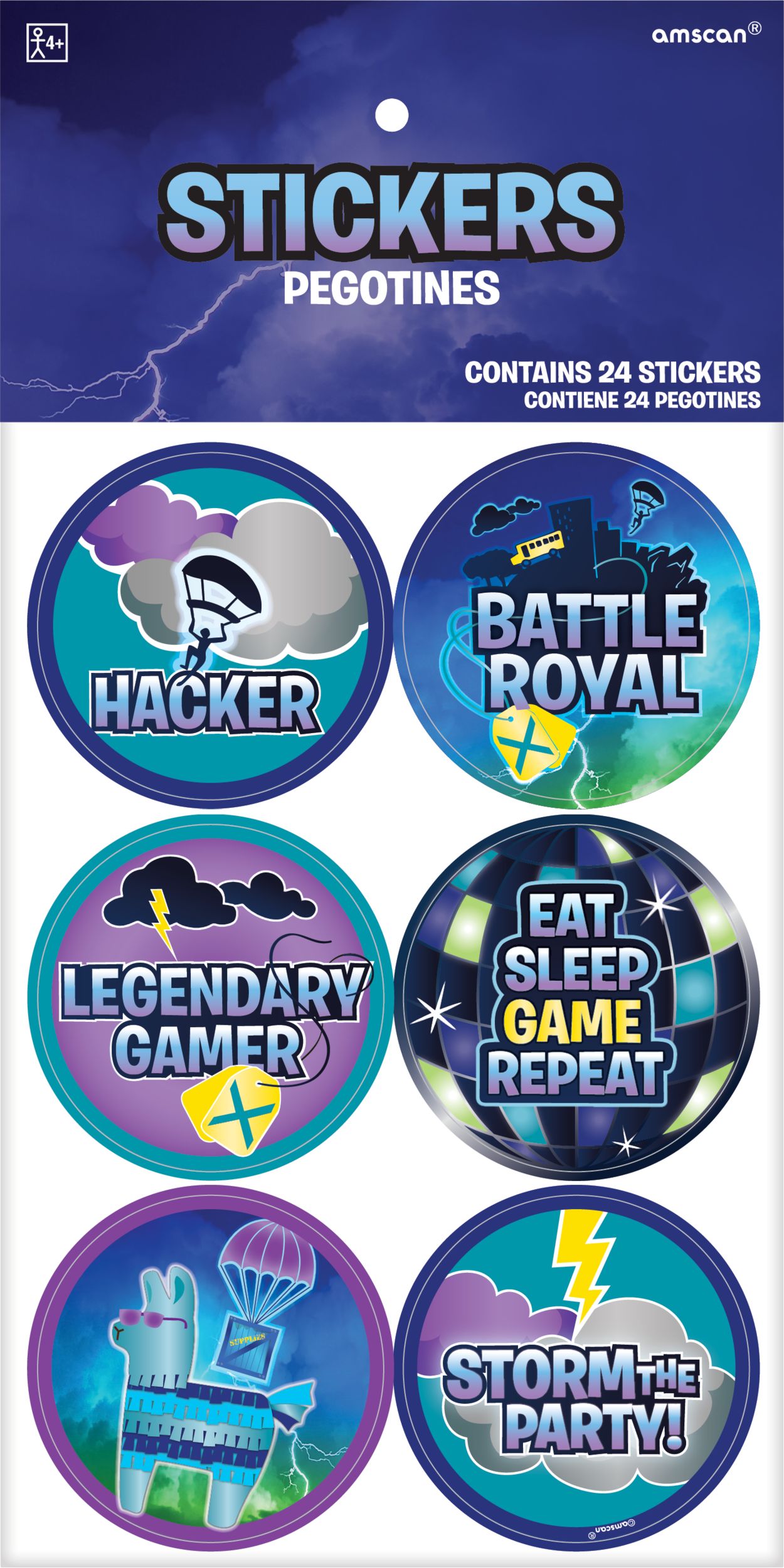 Battle Royal "Eat Sleep Game Repeat" Sticker Variety Pack, Blue/Purple/Yellow, 4 Sheets, 24-pk, for Arts & Crafts/Birthday Favour Front_Flat