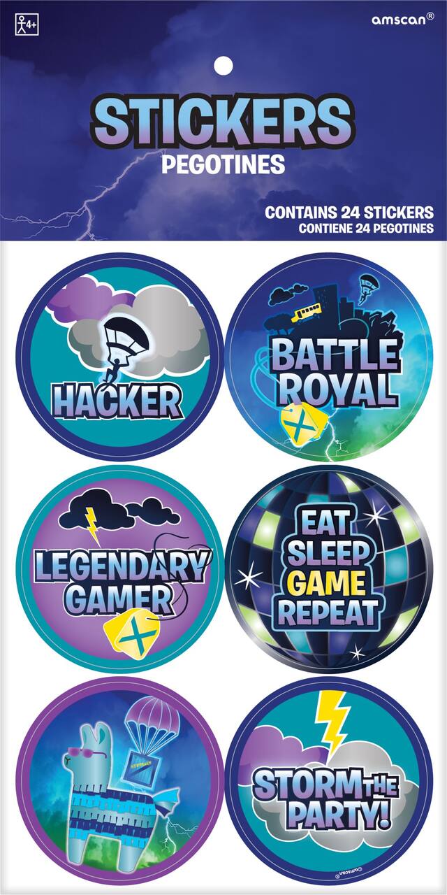 Battle Royal "Eat Sleep Game Repeat" Sticker Variety Pack, Blue/Purple/Yellow, 4 Sheets, 24-pk, for Arts & Crafts/Birthday Favour Front_Flat