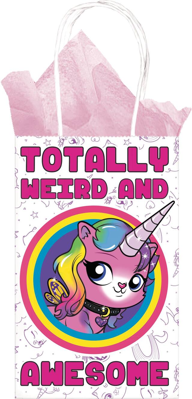 Rainbow Butterfly Unicorn "Totally Weird And Awesome" Kitty Kraft Bags for Party Favours, 8-pk Front_Flat