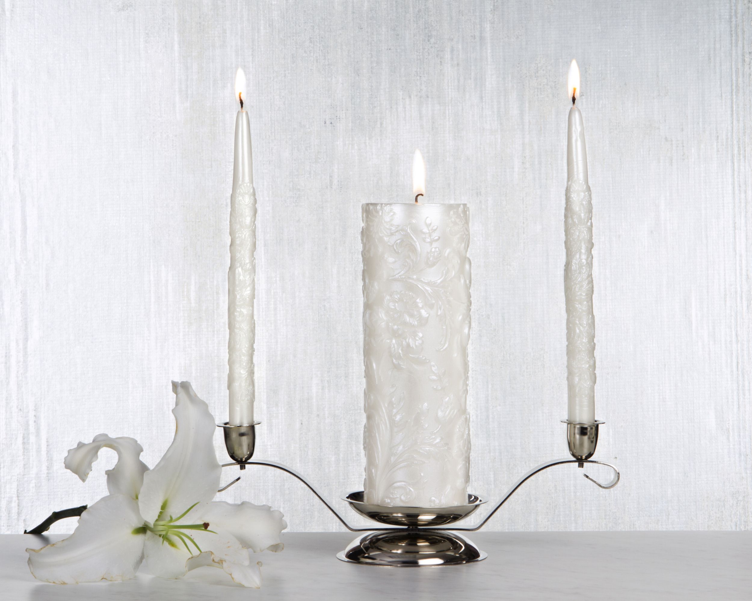 White Damask Unity Candle Set, 3-pc Front_Flat