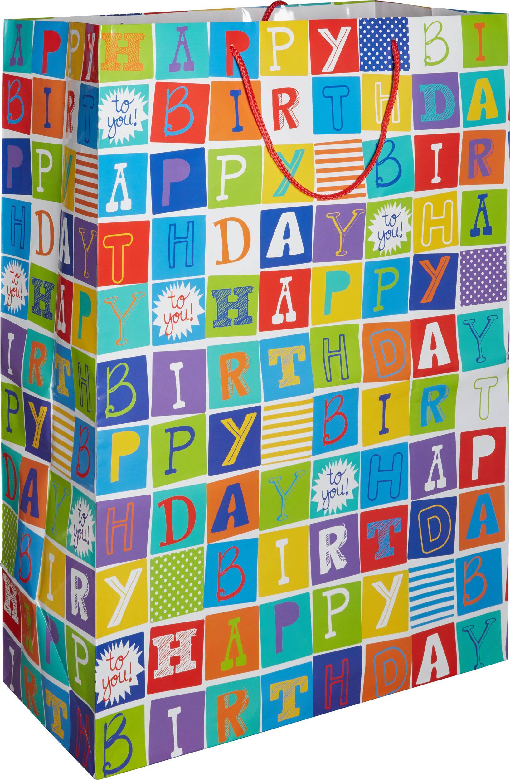 "Happy Birthday" Paper Gift Bag, Multi-Coloured, 17-in, for Birthday Party Front_Angled_Right