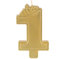 Disney Princess Once Upon A Time "1" Number Metallic Wax Candle, Gold, 5-in, for Birthday Party Front_Flat