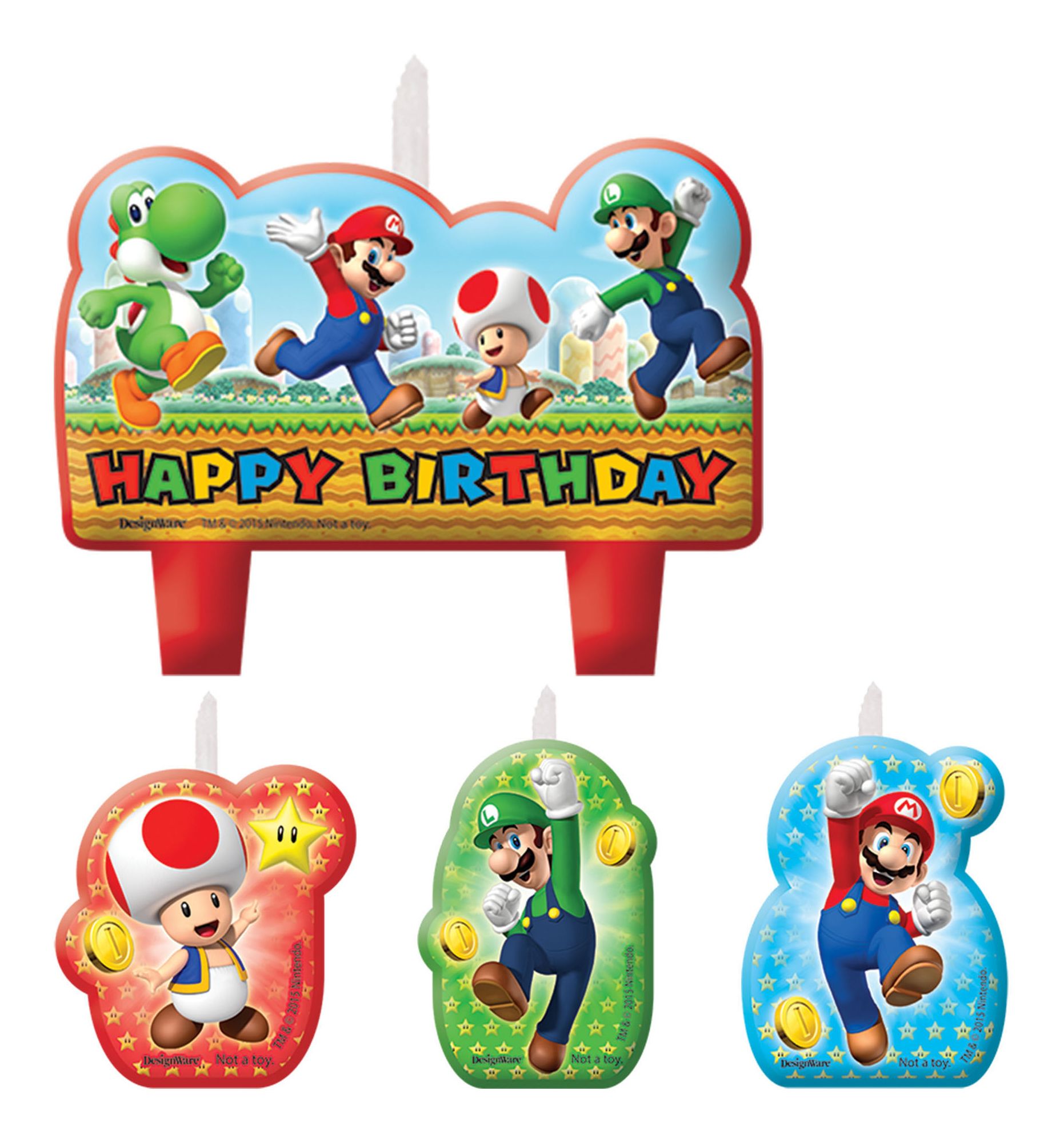 Nintendo Super Mario Bros "Happy Birthday" Luigi/Mario/Yoshi Wax Candle Set, Red/Green/Blue, 3.25-in, 4-pk, for Birthday Party Front_Flat