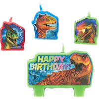Jurassic World "Happy Birthday" Dinosaur Wax Candle Set, Green/Red, 3-in, 4-pk, for Birthday Party Front_Flat