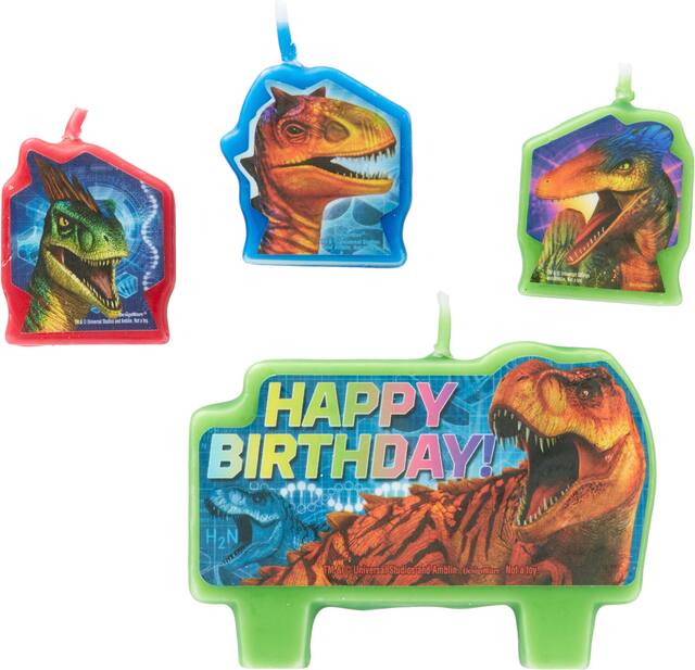 Jurassic World "Happy Birthday" Dinosaur Wax Candle Set, Green/Red, 3-in, 4-pk, for Birthday Party Front_Flat