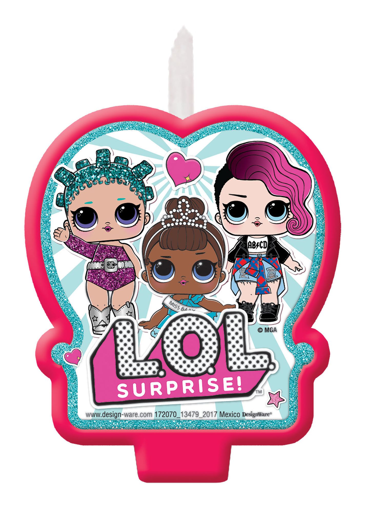L.O.L. Surprise! Evie/Mal/Uma Wax Candle, Pink/Teal, 3.5-in, for Birthday Party Front_Flat