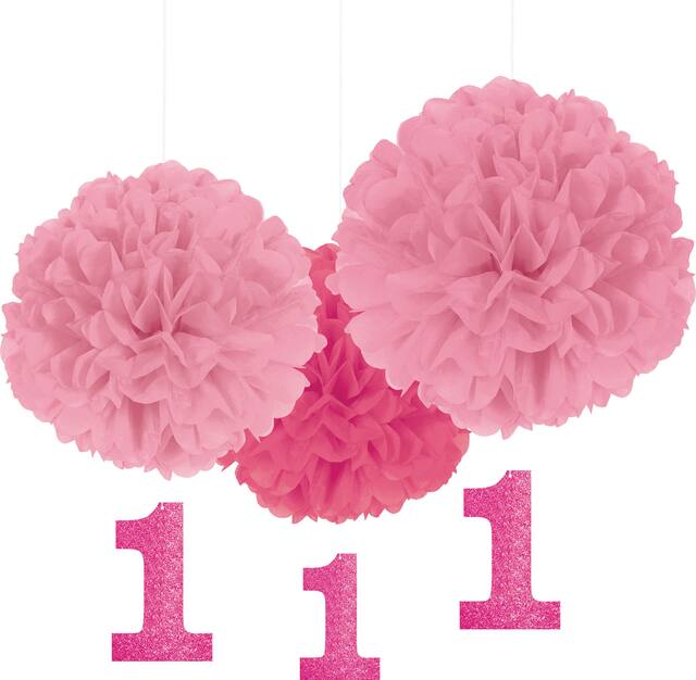 1st Birthday Tissue Pom Poms Party Decoration with Glitter Cutouts, Pink, 3-pk Front_Flat