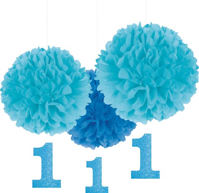 Pompons en papier de soie pour fête de 1er anniversaire avec découpes scintillantes, bleu, paq. 3 Front_Flat