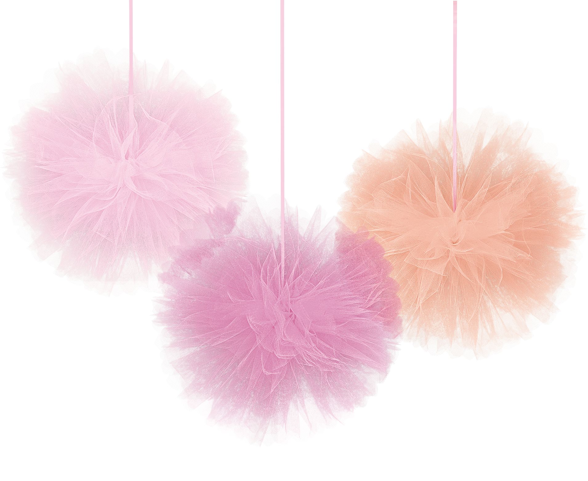 Tissue Tulle Pom Pom Hanging Sign Decorations, Pink, 12-in, 3-pk, for Baby Shower Front_Flat
