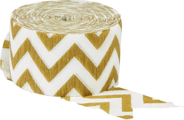 Hanging Crepe Paper Streamer Decoration, Gold/White, Chevron, 81-ft, for Wedding/Birthday/Graduation Front_Elevated