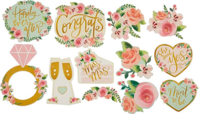 Mint to Be "Miss to Mrs." Table & Wall Cutout Decorations, Gold/Mint/Pink, Floral, 8.5-in, 12-pk, for Wedding/Engagement/Bridal Shower Front_Flat