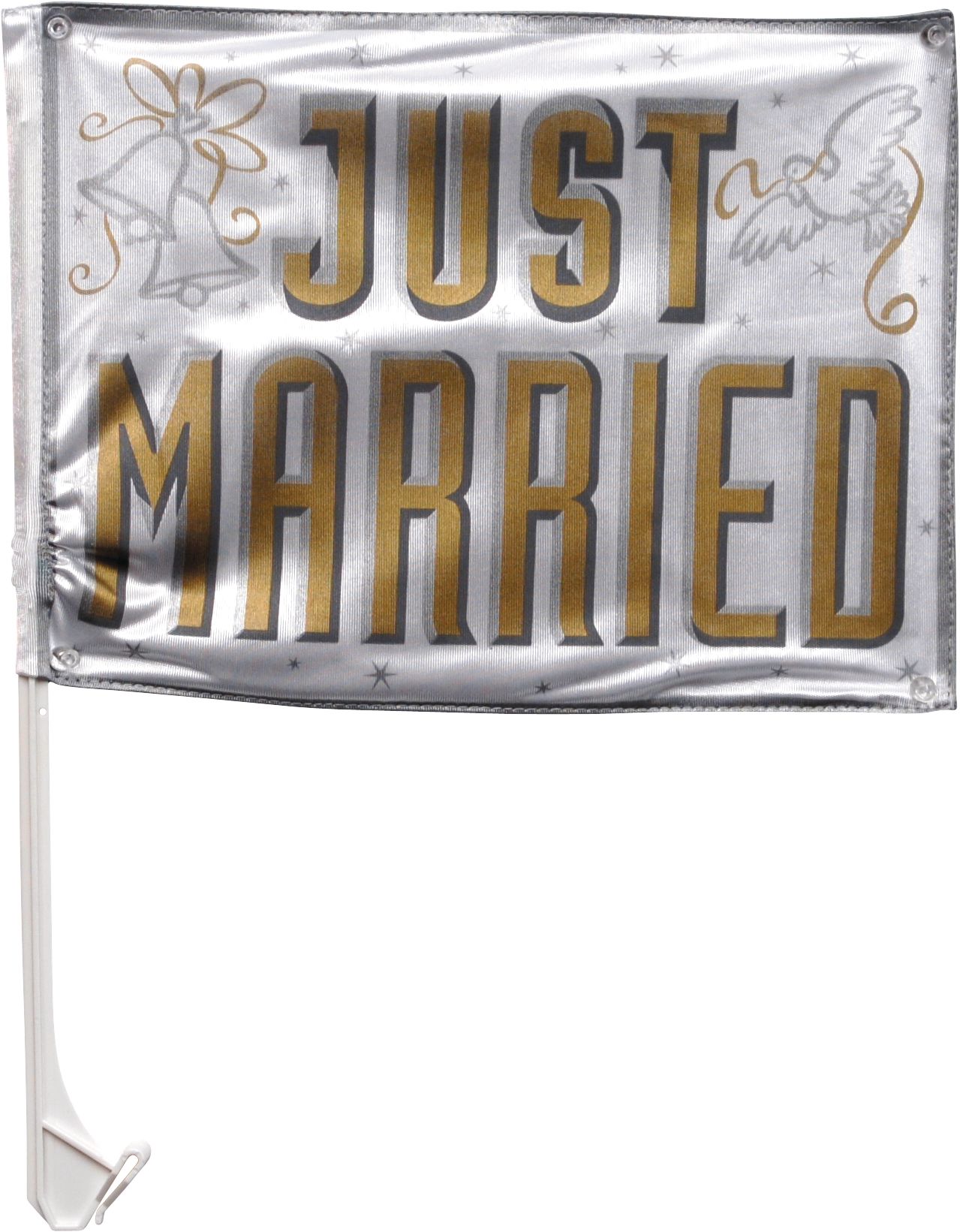 "Just Married" Car Flag Decoration, White/Gold, 13.5-in, for Wedding Front_Flat