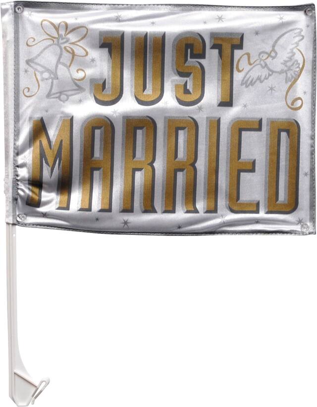 "Just Married" Car Flag Decoration, White/Gold, 13.5-in, for Wedding Front_Flat