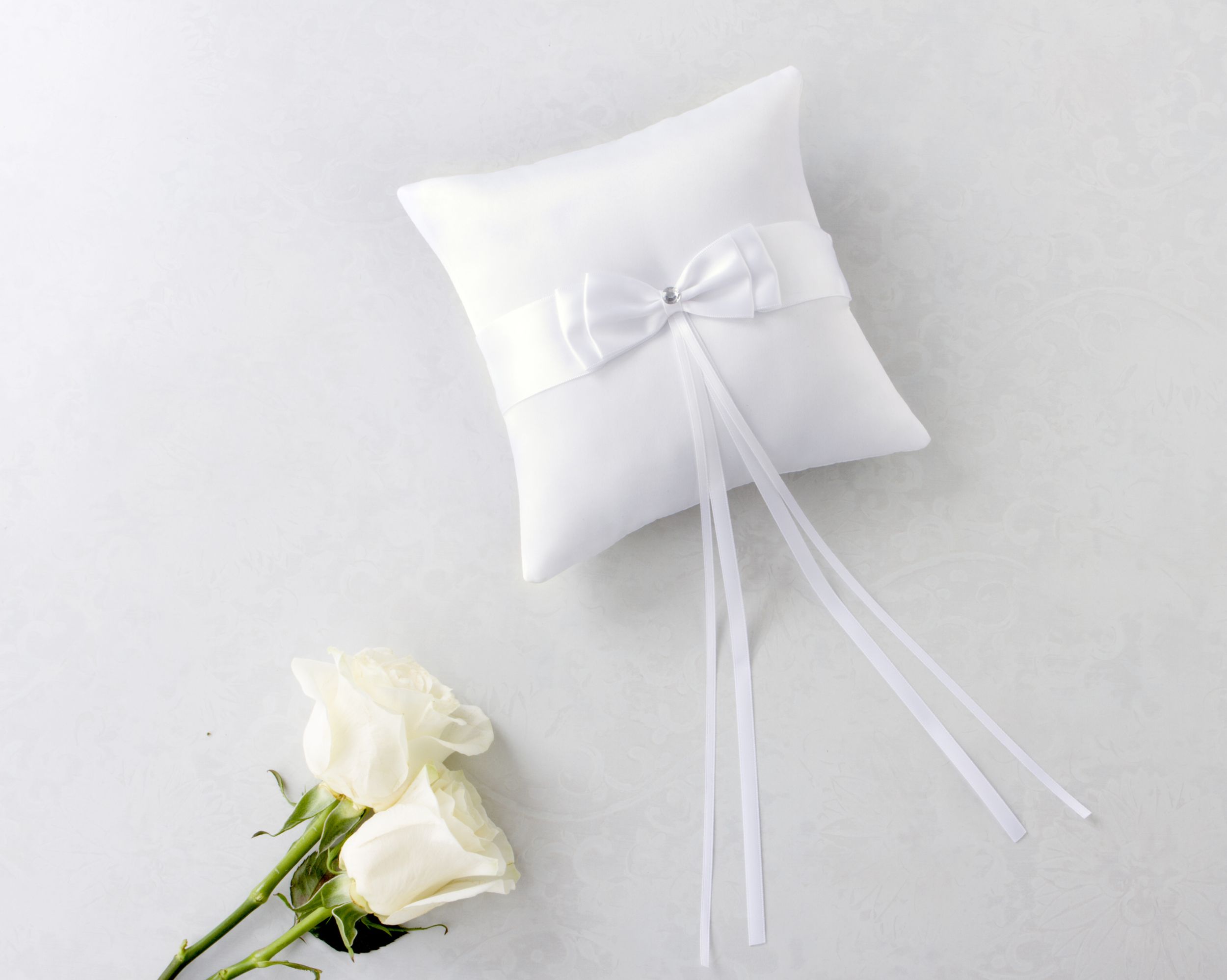 White Bow Ring Bearer Pillow Overhead_Flat