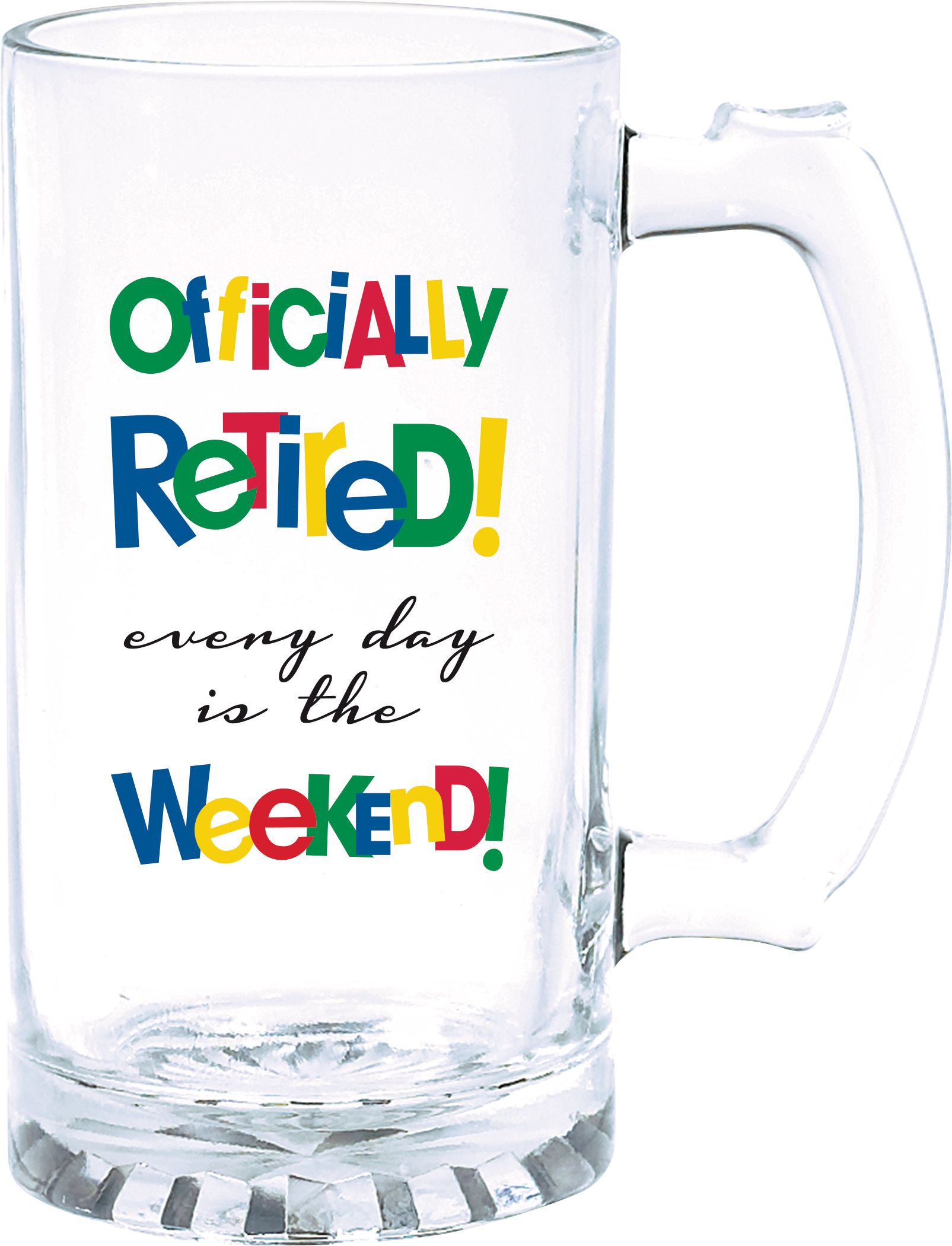 "Officially Retired" Glass Reusable Mug, Clear, 15-oz, for Retirement Front_Elevated