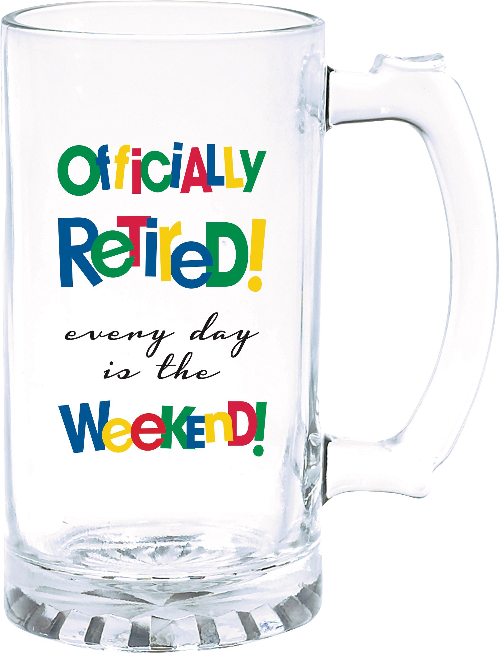 "Officially Retired" Glass Reusable Mug, Clear, 15-oz, for Retirement Front_Elevated