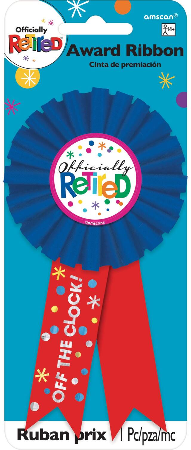 Happy Retirement "Officially Retired" Award Ribbon, Red/Blue, One Size, Wearable Accessory for Retirement Front_Flat
